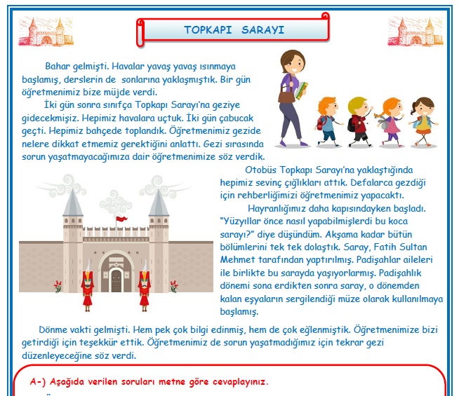 2. Sınıf Türkçe Topkapı Sarayı Okuma Anlama Metin Çalışması