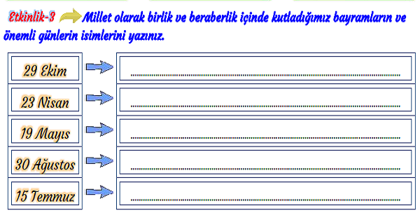3. Sınıf Hayat Bilgisi Milli Birlik ve Beraberlik Etkinliği