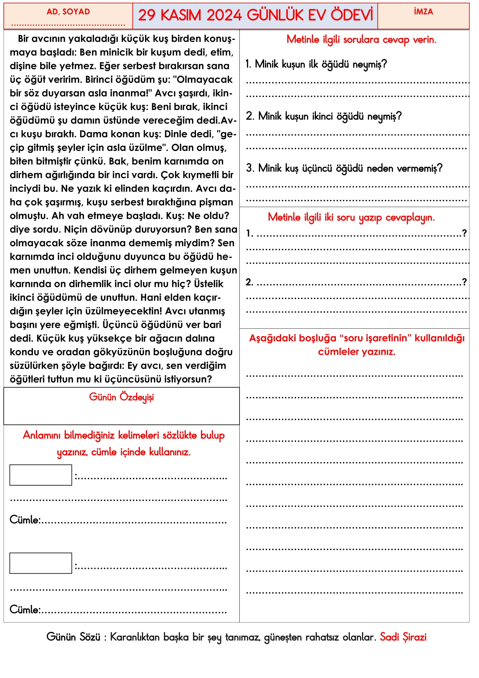3. Sınıf 29 Kasım 2024 Günlük Ev Ödevleri