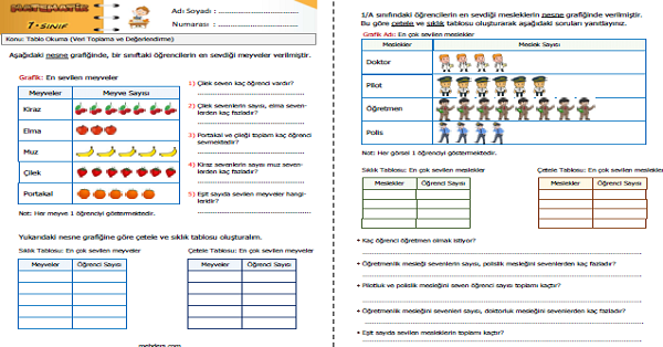 1. Sınıf Matematik Veri Toplama ve Değerlendirme - Tablo Okuma 5