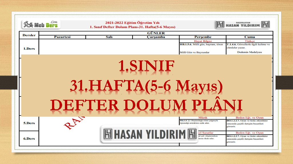 1. Sınıf 31.Hafta(5-6 Mayıs) Defter Dolum Planı