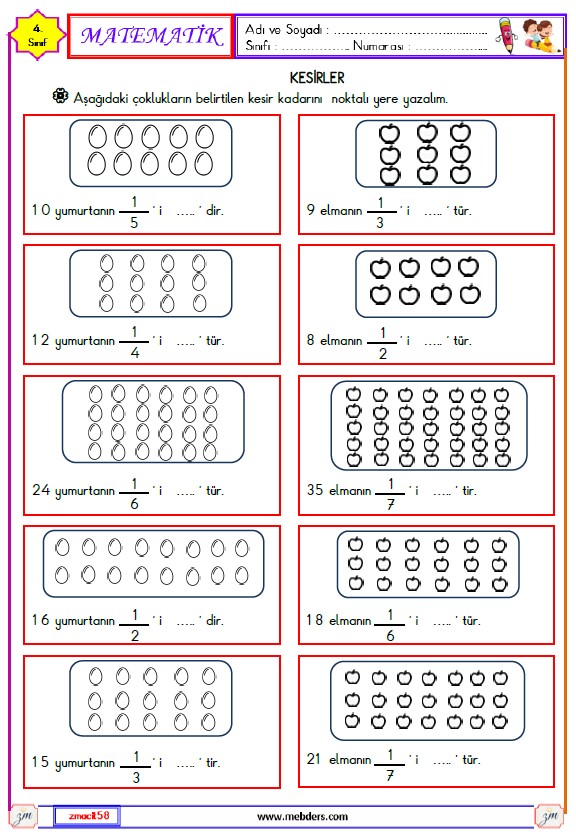 4. Sınıf Matematik Kesirler Etkinliği 6