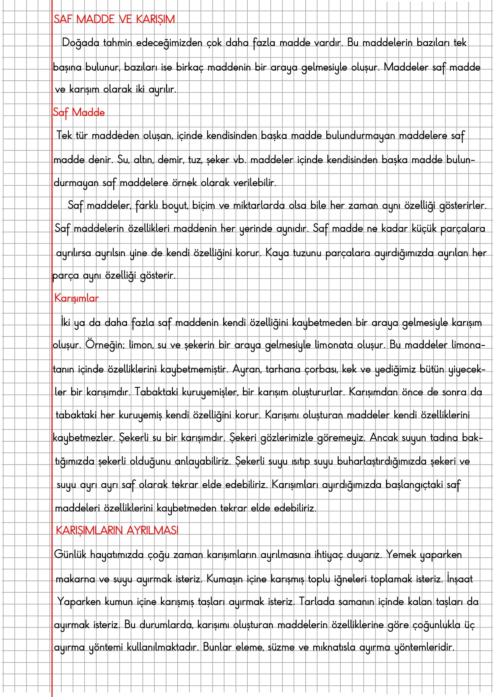 4. Sınıf Fen Bilimleri Saf Madde ve Karışım Konu Anlatımı