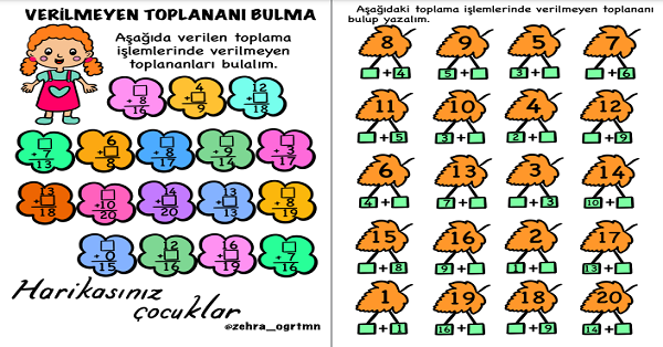 1. Sınıf Matematik Verilmeyen Toplananı Bulma Çalışma Sayfaları Etkinliği