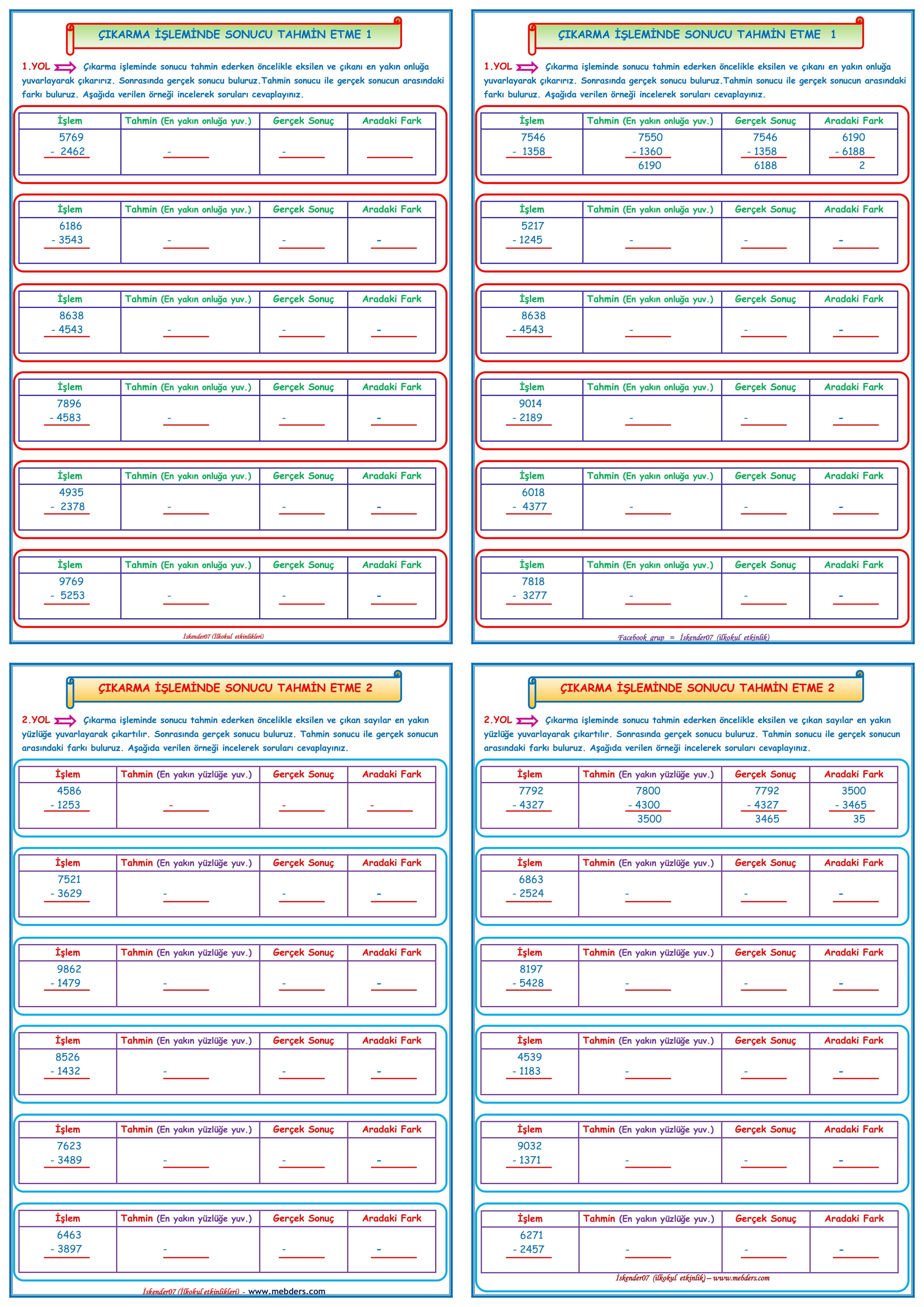 4. Sınıf Matematik Çıkarma İşleminde Sonucu Tahmin Etme ( 4 sayfa )