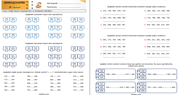 3. Sınıf Matematik Doğal Sayıları Karşılaştıralım ve Sıralayalım Etkinliği 2