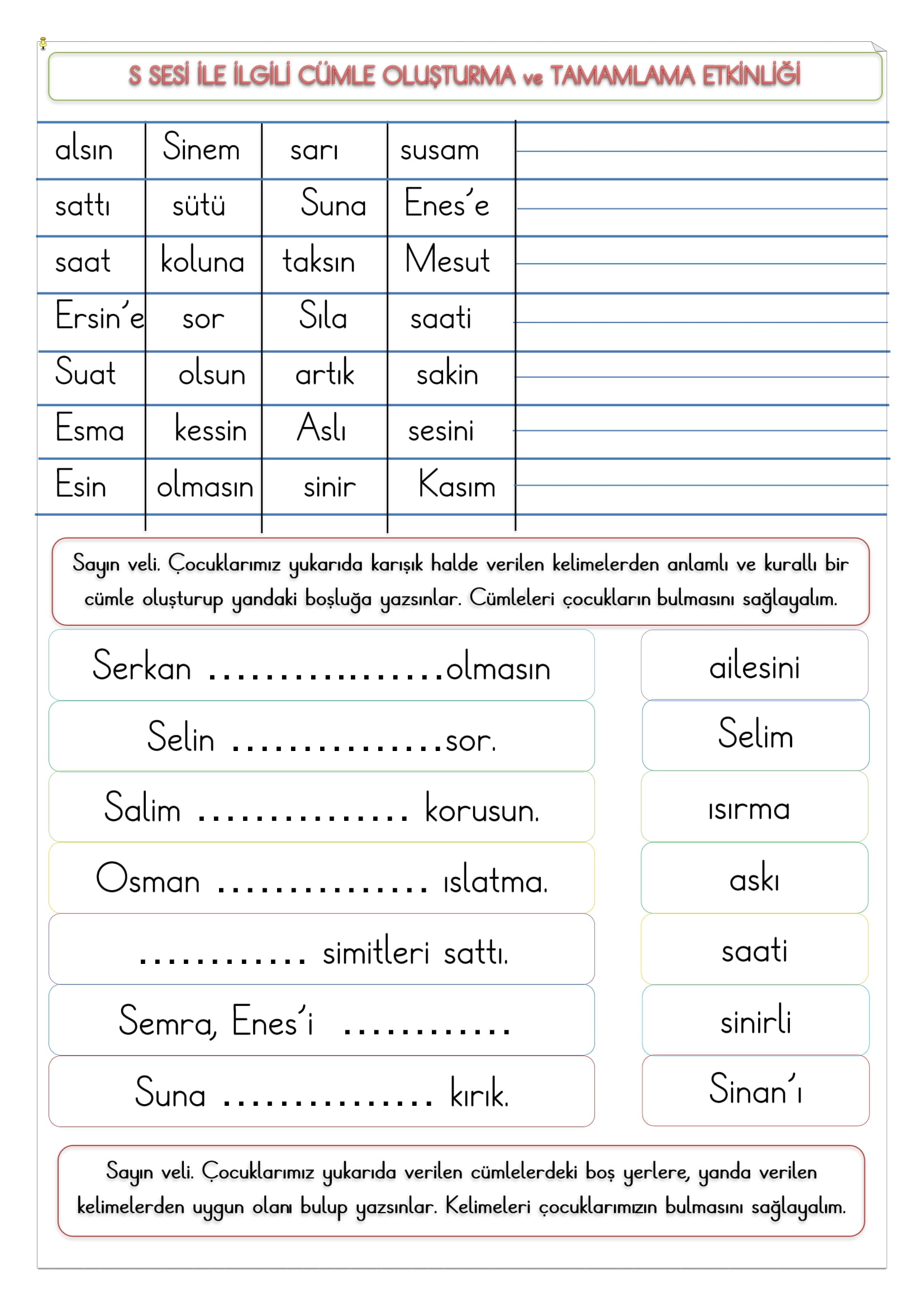 1. Sınıf S Sesi Cümle Oluşturma ve Tamamlama Etkinliği