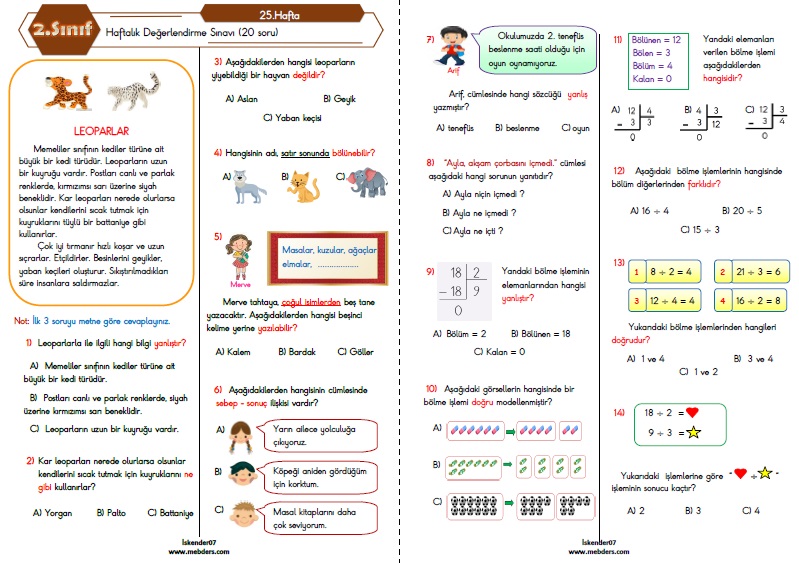 2. Sınıf Haftalık Değerlendirme Testi - 25.Hafta (14-18 Mart)