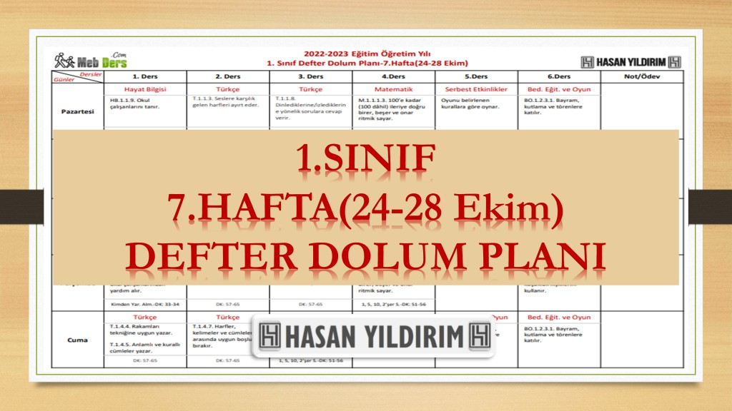 2022-2023 Eğitim Öğretim Yılı 1. Sınıf 7. Hafta (24-28 Ekim) Defter Dolum Planı