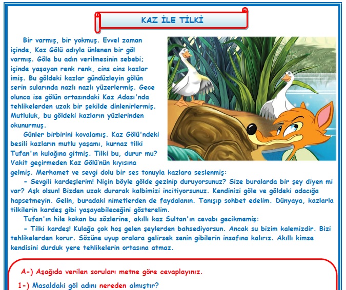 2. Sınıf Türkçe Kaz ile Tilki Okuma Anlama Metin Çalışması