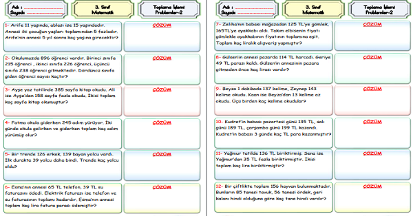 3. Sınıf Matematik Toplama İşlemi Problemleri-2