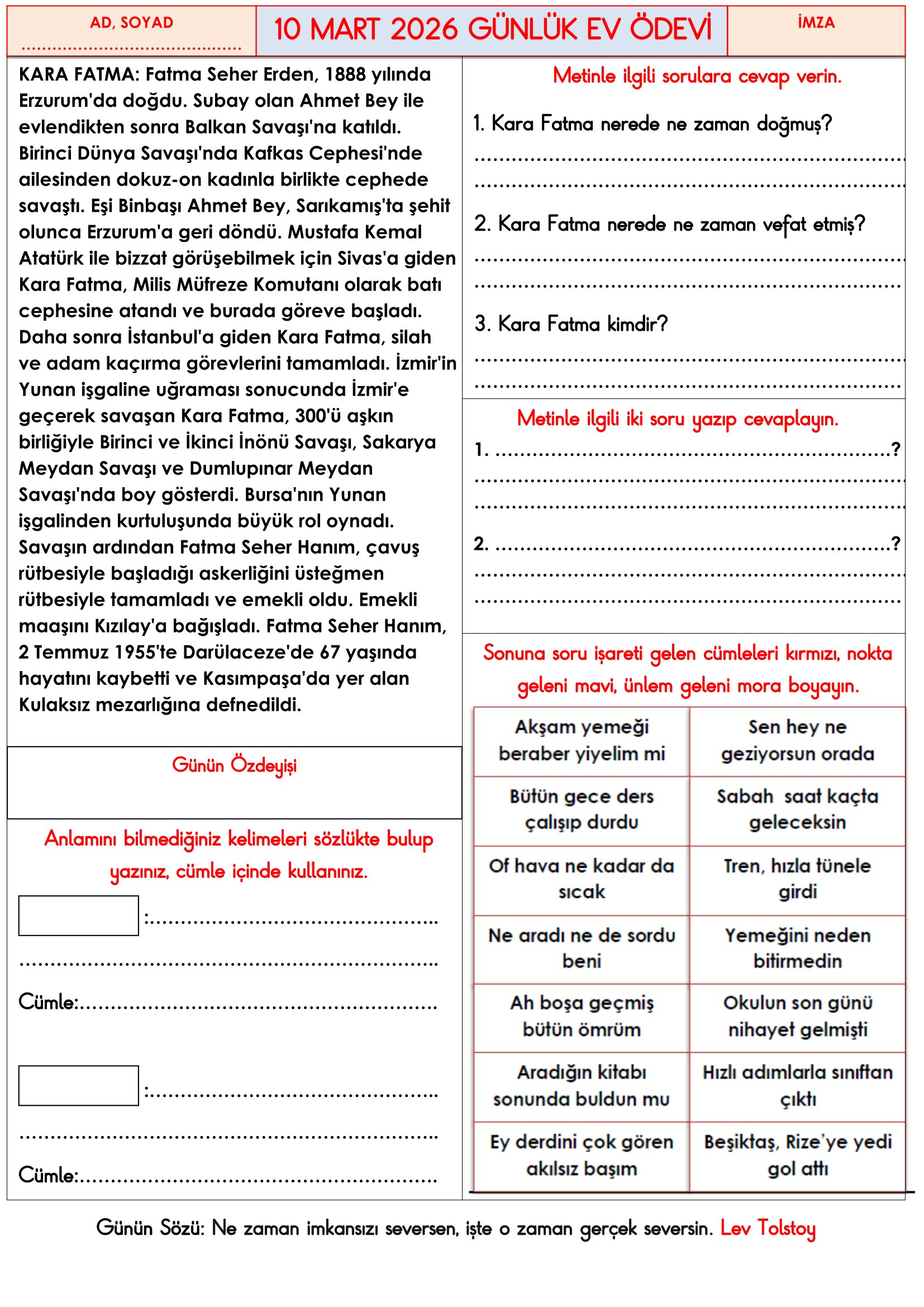 3. Sınıf - 10 Mart 2026 Günlük Ev Ödevleri