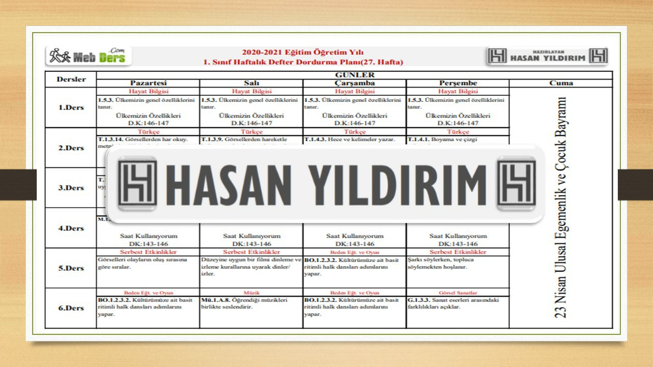 1. Sınıf 27.Hafta(19-22 Nisan) Defter Dolum Planı