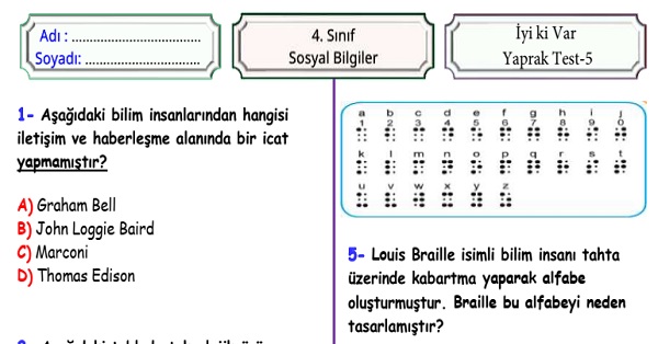 4. Sınıf Sosyal Bilgiler İyi ki Var Ünitesi Yaprak Test 5