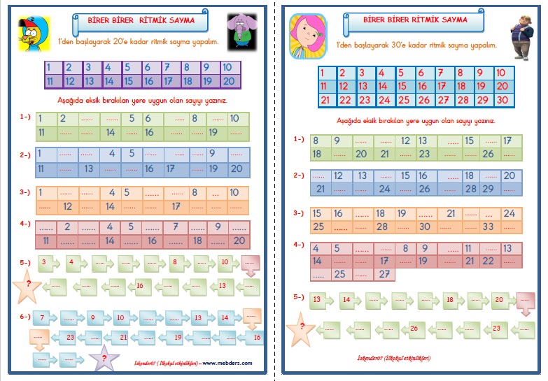 1. Sınıf Matematik Birer Birer Ritmik Sayma Çalışması (4 Sayfa)