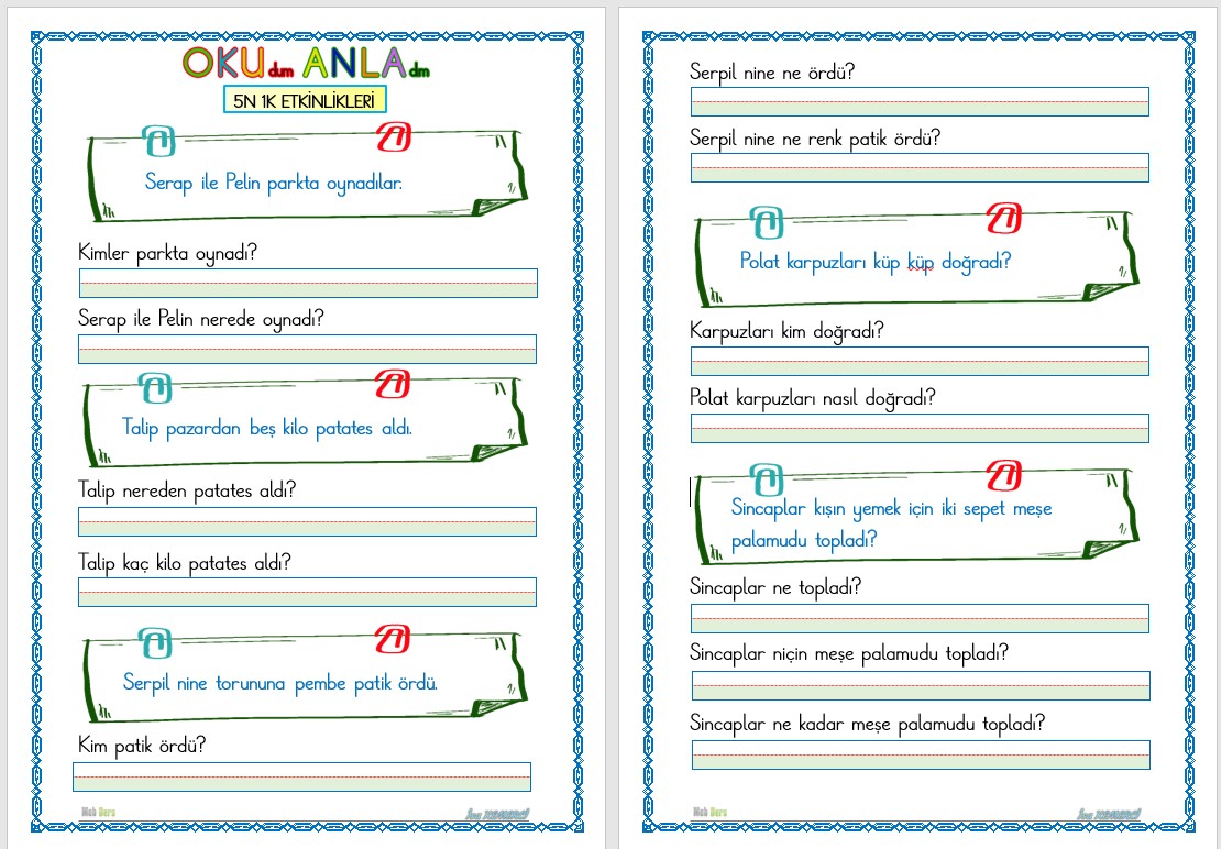 1. Sınıf İlk Okuma Yazma P Sesi OKUMA ANLAMA (5N 1K)