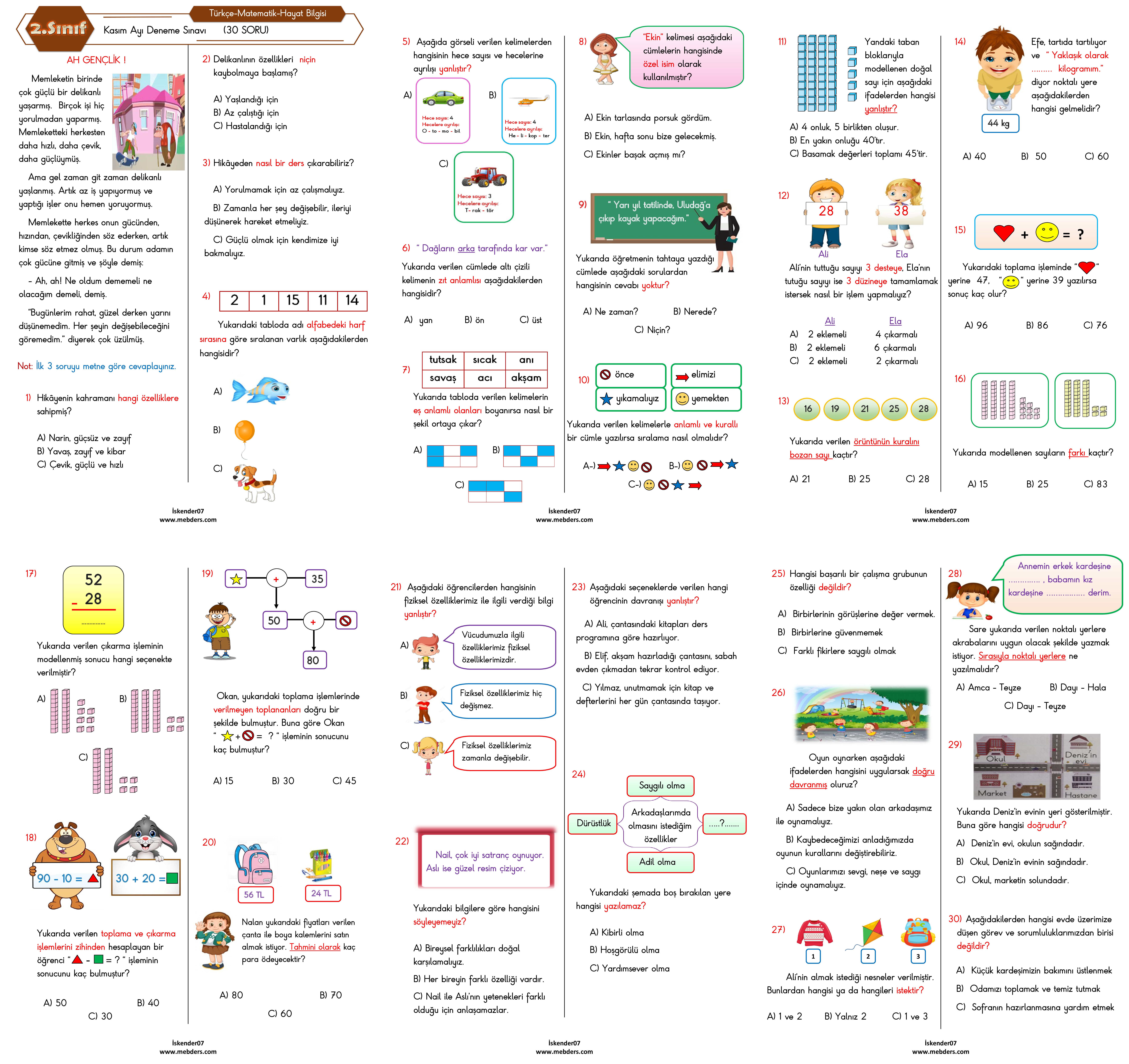 2. Sınıf Kasım Ayı Deneme Sınavı (Türkçe-Matematik-Hayat Bilgisi 30 Soru)