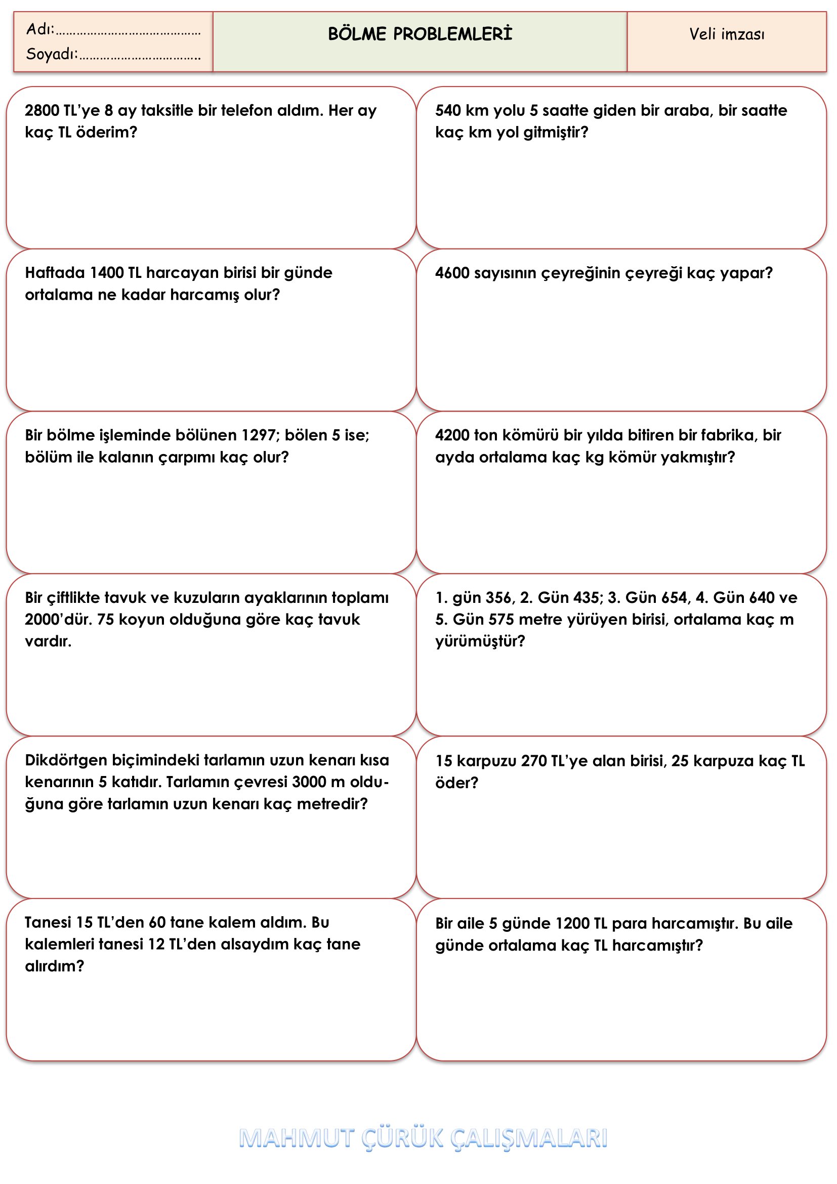 4. Sınıf - Matematik Bölme Problemleri-1