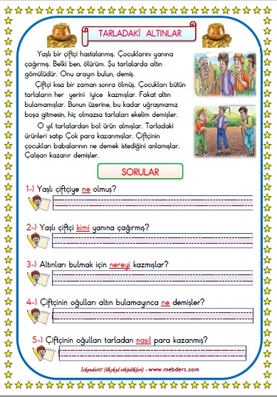1. Sınıf Türkçe Tarladaki Altınlar Okuma Anlama Metin Çalışması 15
