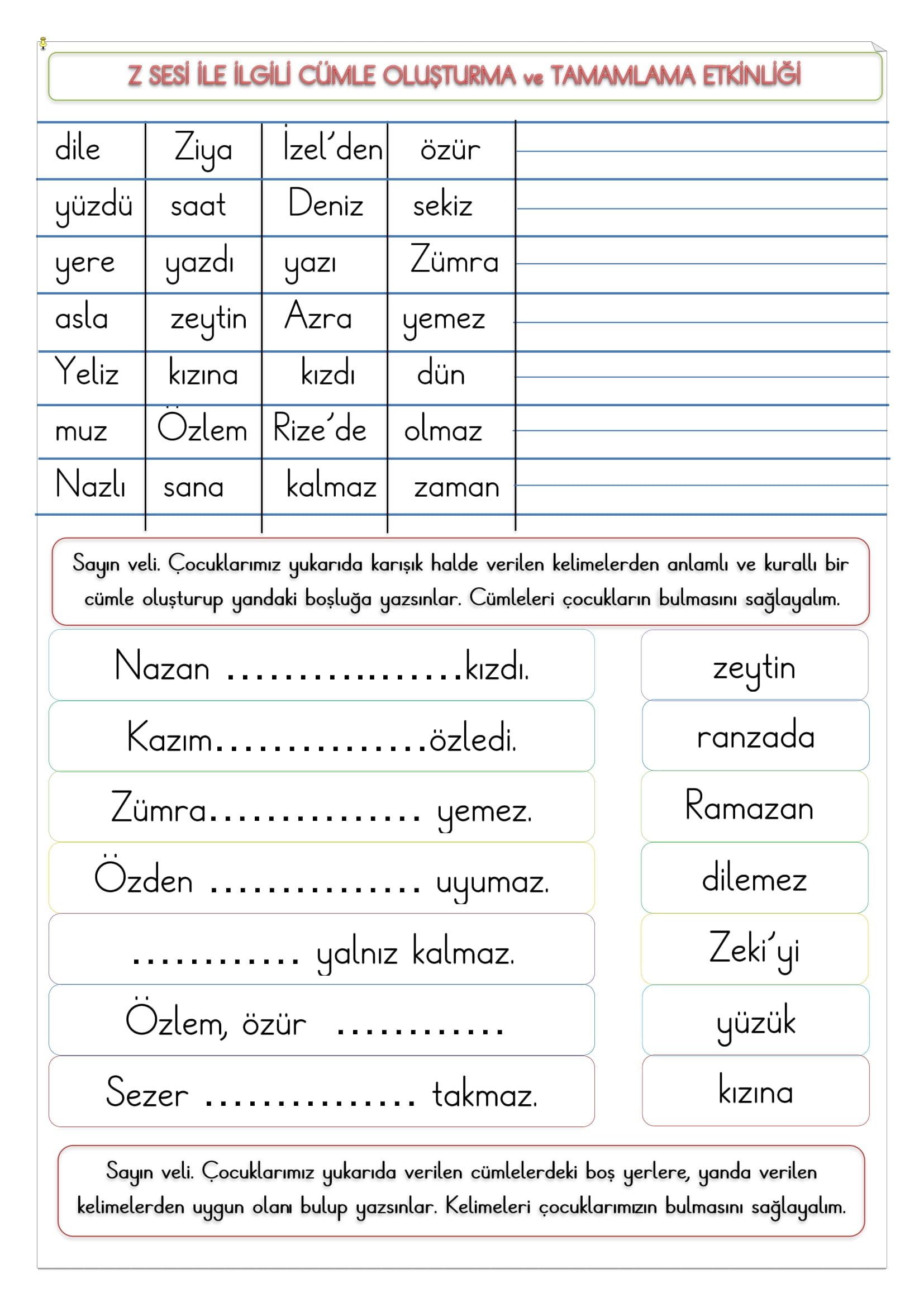 1. Sınıf İlk Okuma Yazma Z Sesi Cümle Oluşturma ve Tamamlama Etkinliği