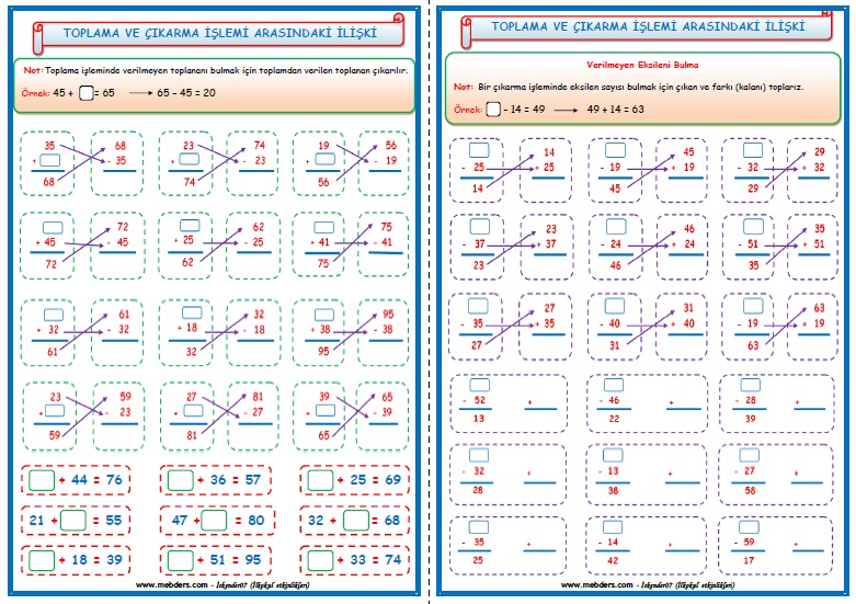 2. Sınıf Matematik Toplama ve Çıkarma İşlemi Arasındaki İlişki (6 Sayfa)