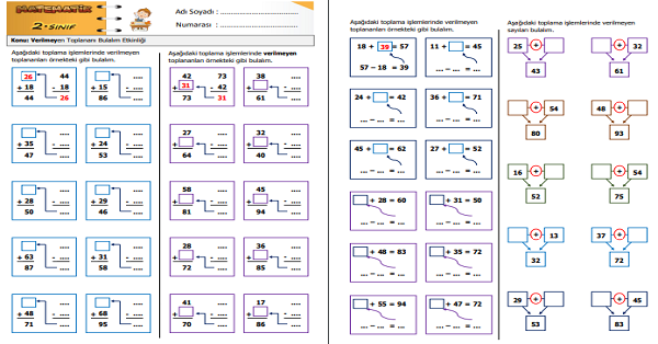 2. Sınıf Matematik Verilmeyen Toplananı Bulalım Etkinliği 3