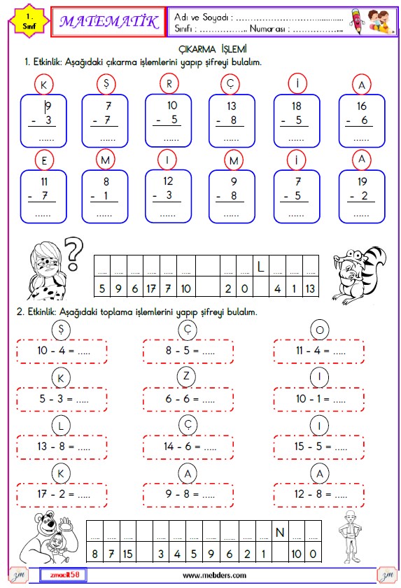 1. Sınıf Matematik Çıkarma İşlemi Etkinliği 16