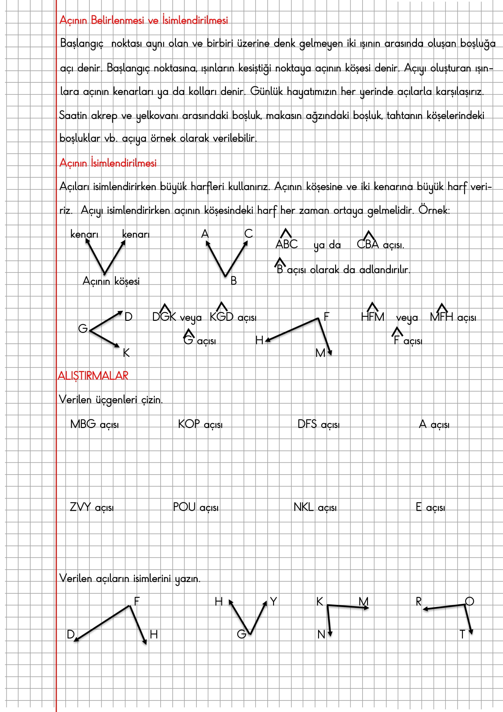 4. Sınıf Matematik Kareli Defterde Açının Belirlenmesi ve İsimlendirilmesi Konu Özeti