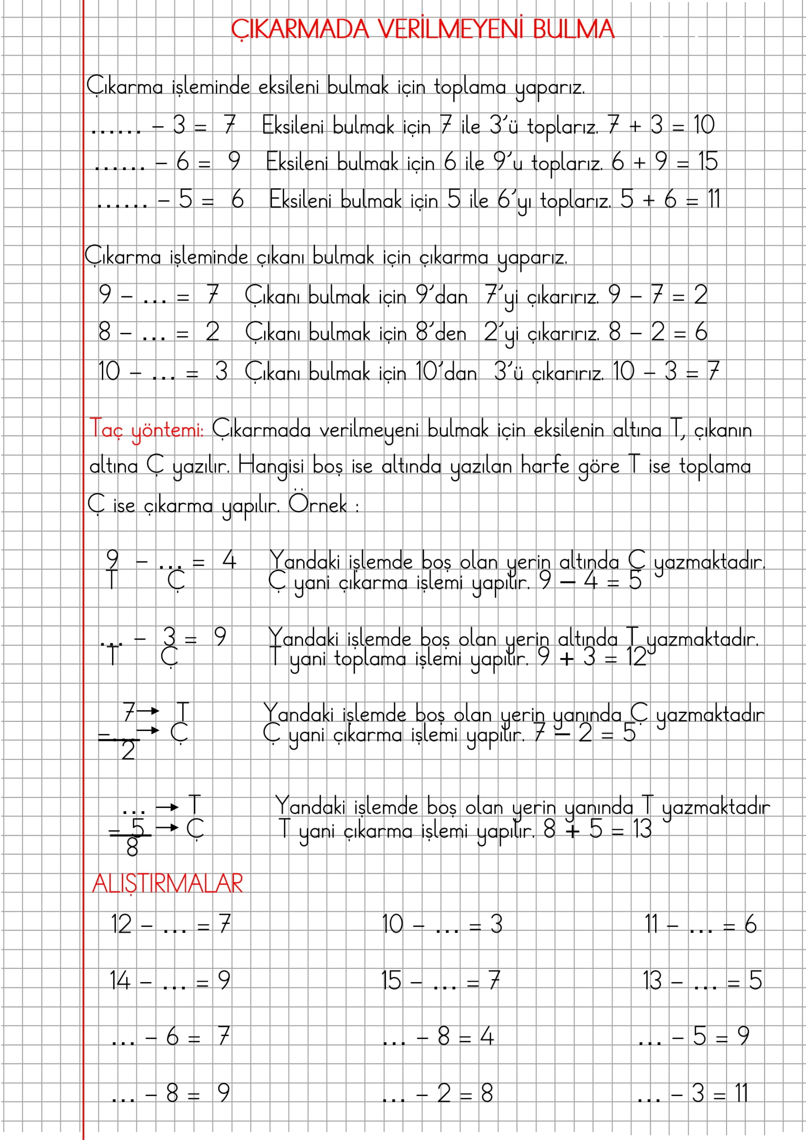 1. Sınıf Matematik Kareli Defterde Çıkarmada Verilmeyeni Bulma Konu Anlatımı