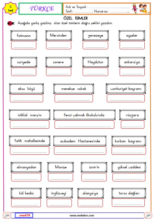 2. Sınıf Türkçe Özel İsimlerin Yazılışı Etkinliği 6