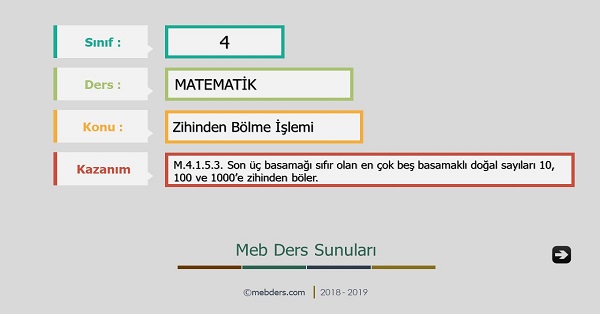 4. Sınıf Matematik Zihinden Bölme İşlemi Sunusu