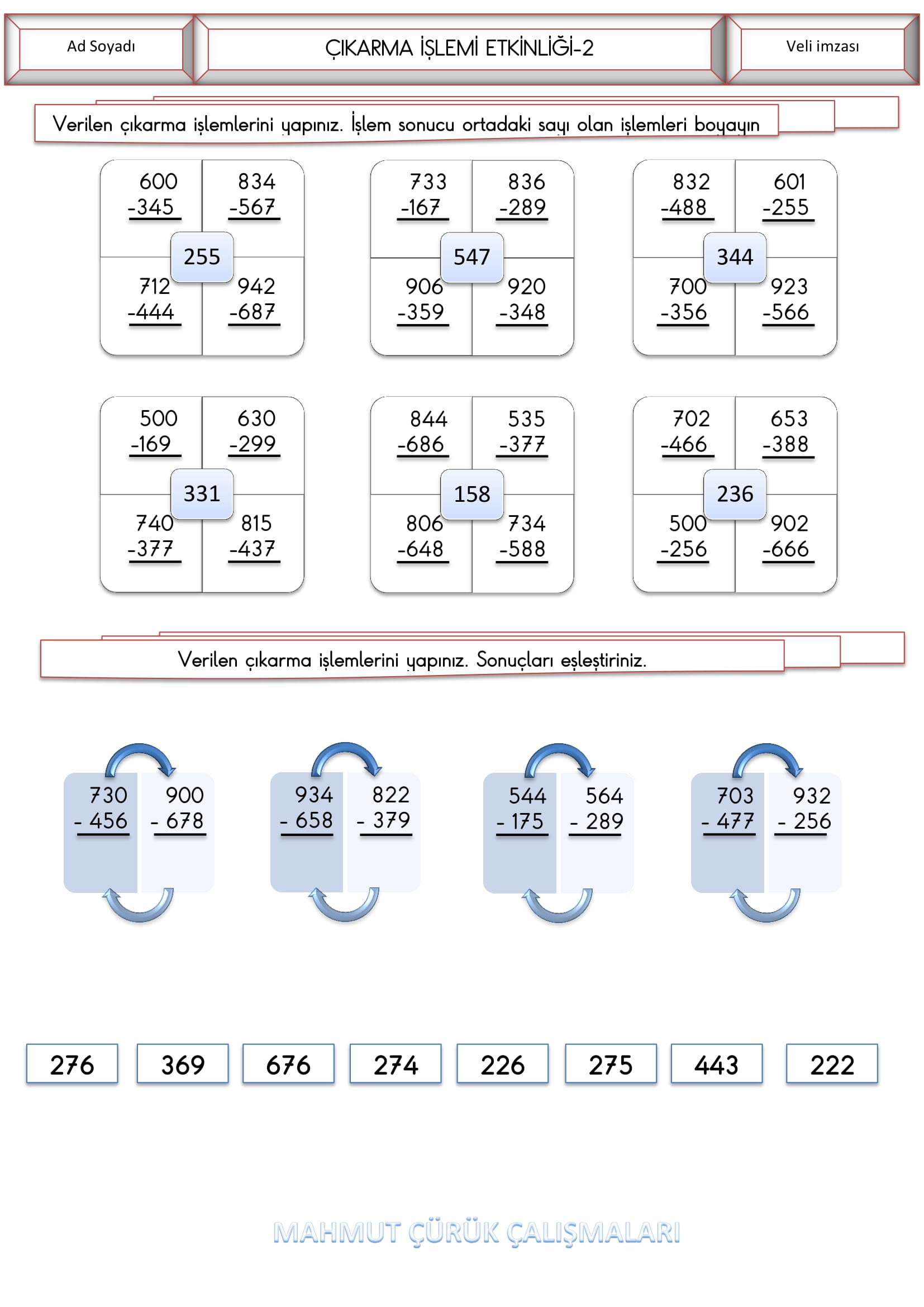 3. Sınıf Matematik Çıkarma İşlemi Etkinliği-2