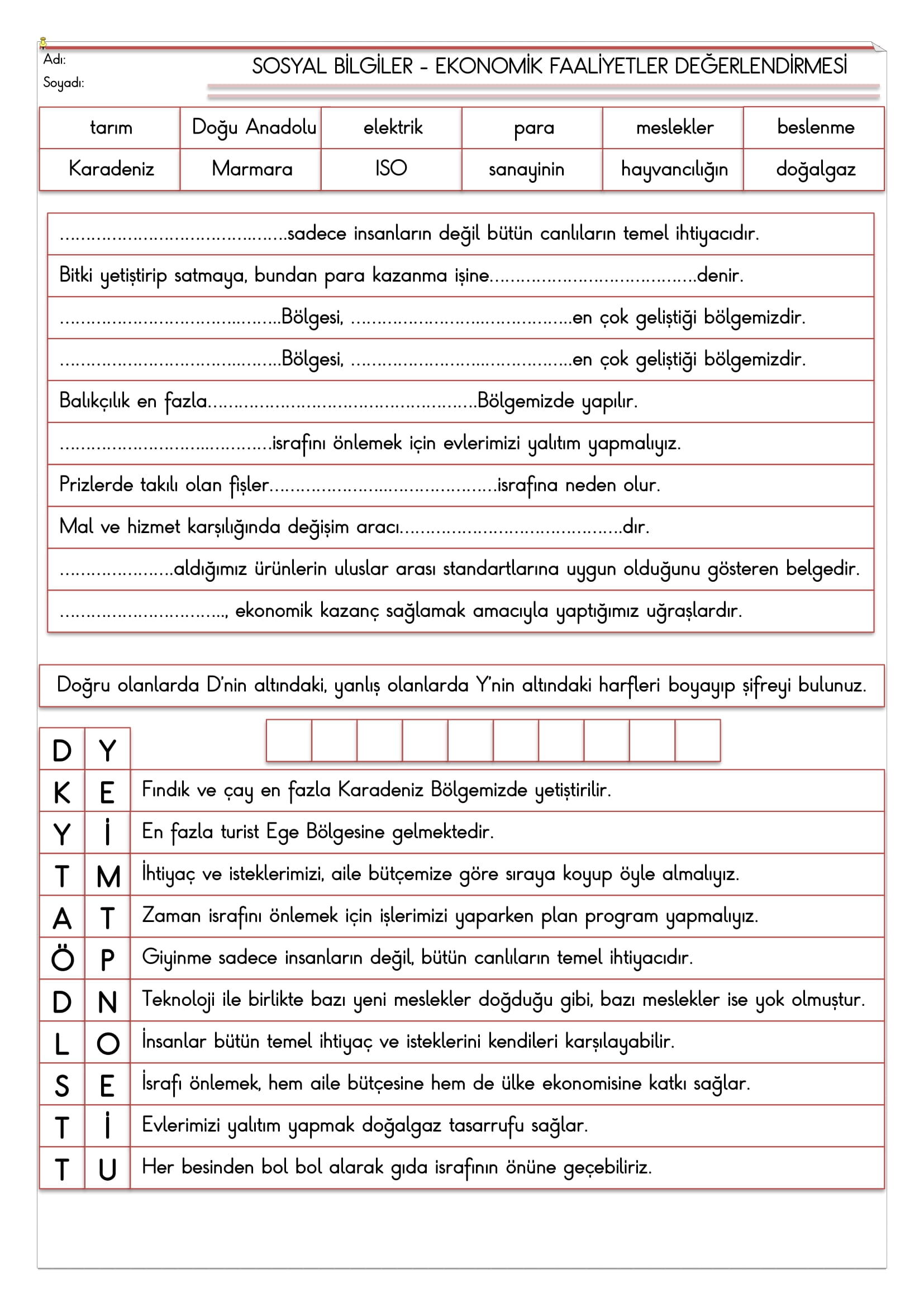 4. Sınıf - Sosyal Bilgiler Ekonomik Faaliyetler Değerlendirmesi
