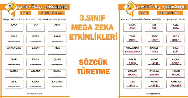 3. Sınıf Mega Zeka Etkinliği - Sözcük Türetme