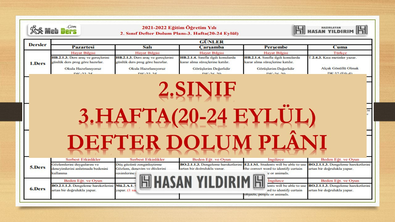 2. Sınıf 3.Hafta(20-24 Eylül) Defter Dolum Planı