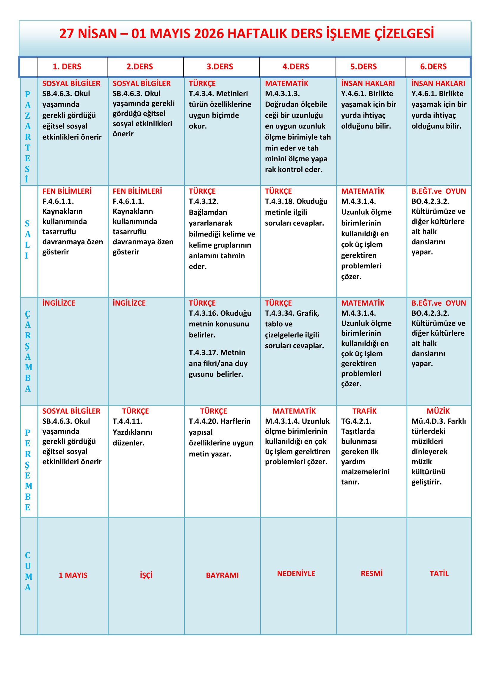 4. Sınıf 27 Nisan - 01 Mayıs 2026 Haftalık Ders İşleme Çizelgesi.doc