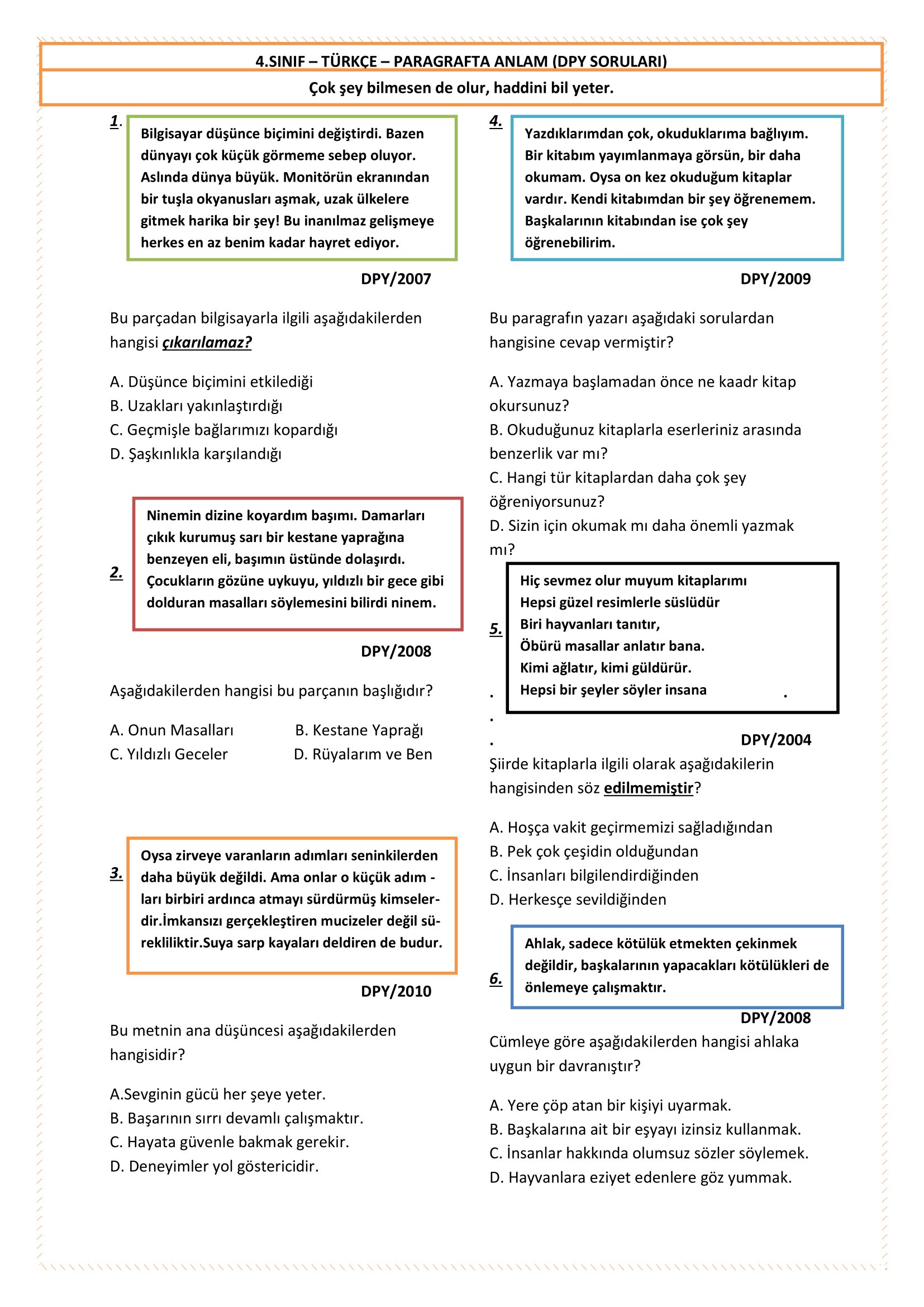4. Sınıf Türkçe - Paragrafta Anlam - DPY Soruları - 1