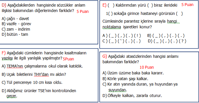 4. Sınıf Türkçe 2.Dönem 2.Yazılı Seviye 1