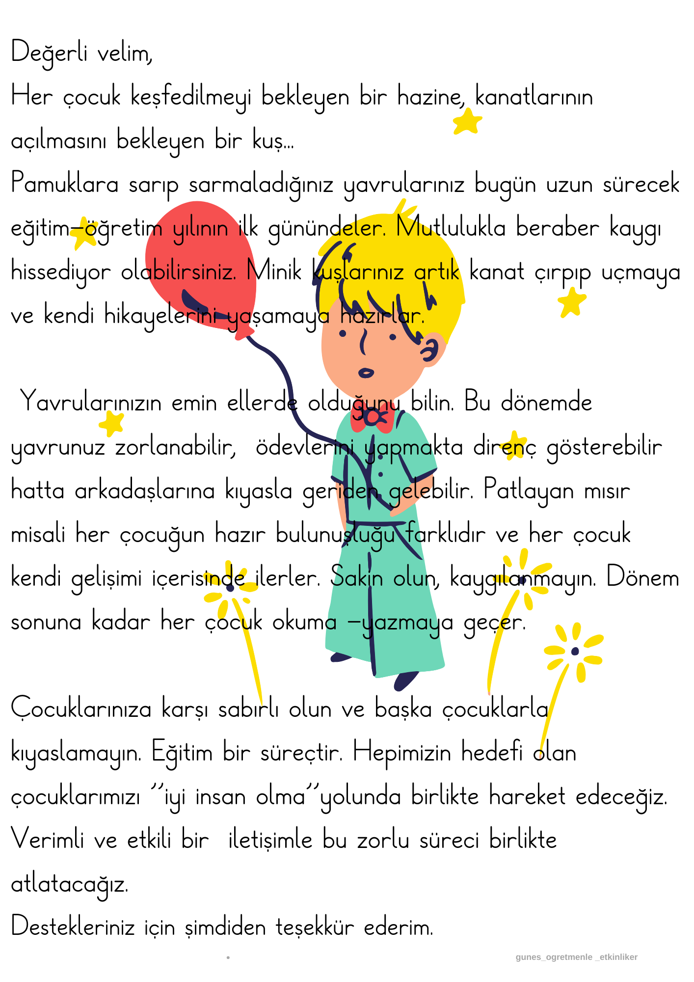 1. Sınıf Veliye Mektup