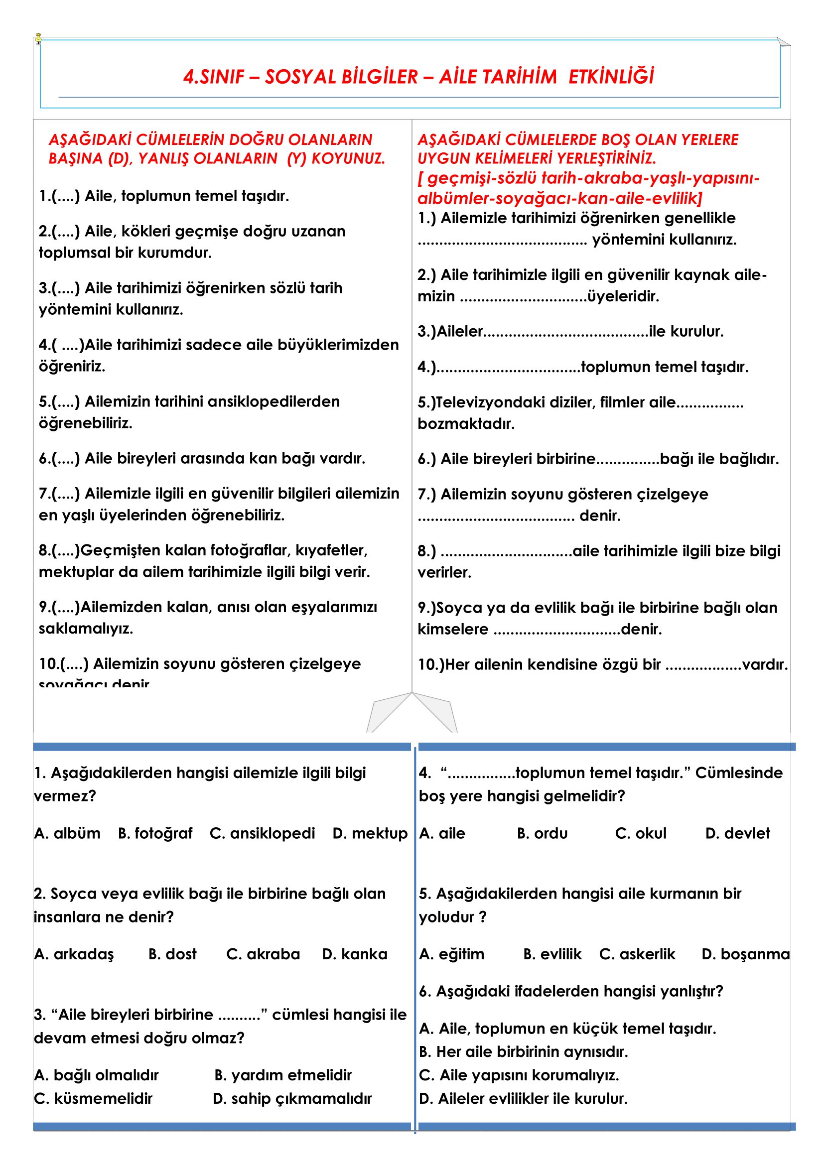 4. Sınıf - Sosyal Bilgiler - Aile Tarihim Etkinliği