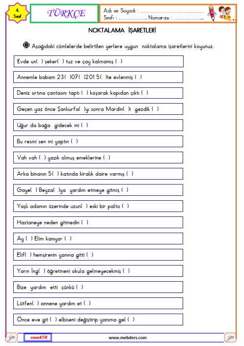 4.. Sınıf Türkçe Noktalama İşaretleri Etkinliği 6