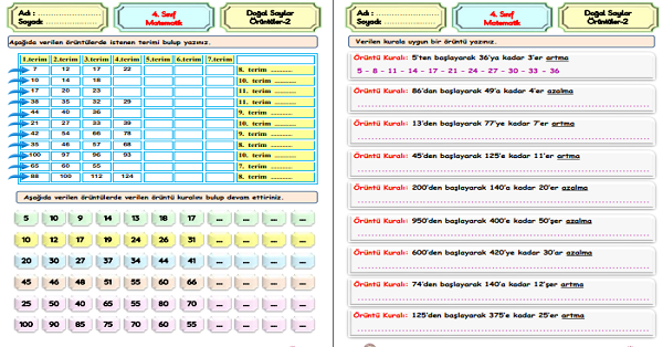 4. Sınıf Matematik Doğal Sayılarda Örüntü Etkinliği 2