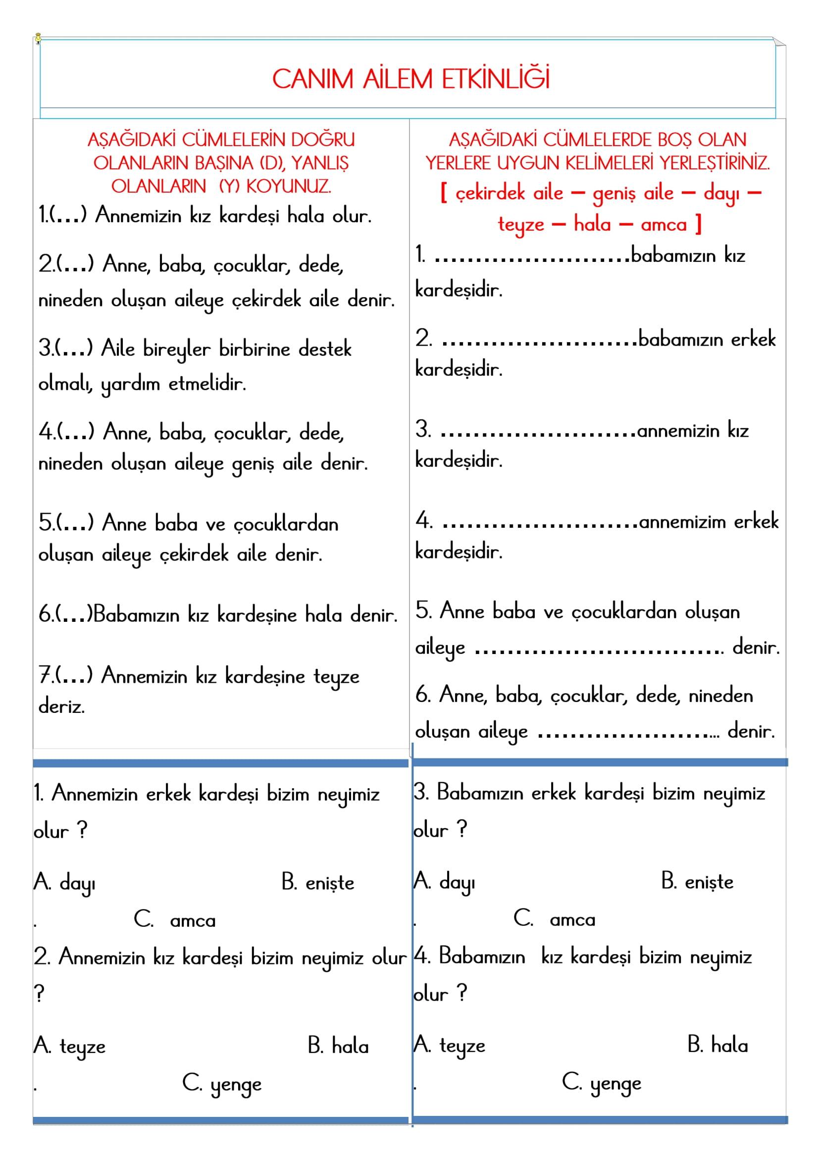 2. Sınıf - Hayat Bilgisi Canım Ailem Etkinliği