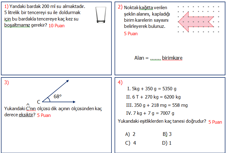 4. Sınıf Matematik 2.Dönem 2 Sınav Seviye 1
