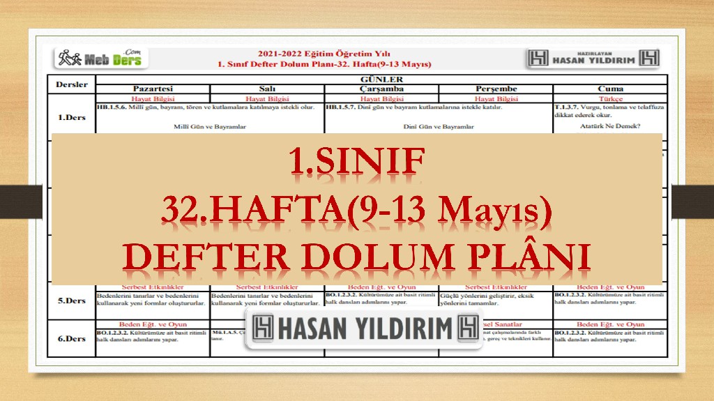 1. Sınıf 32.Hafta(9-13 Mayıs) Defter Dolum Planı