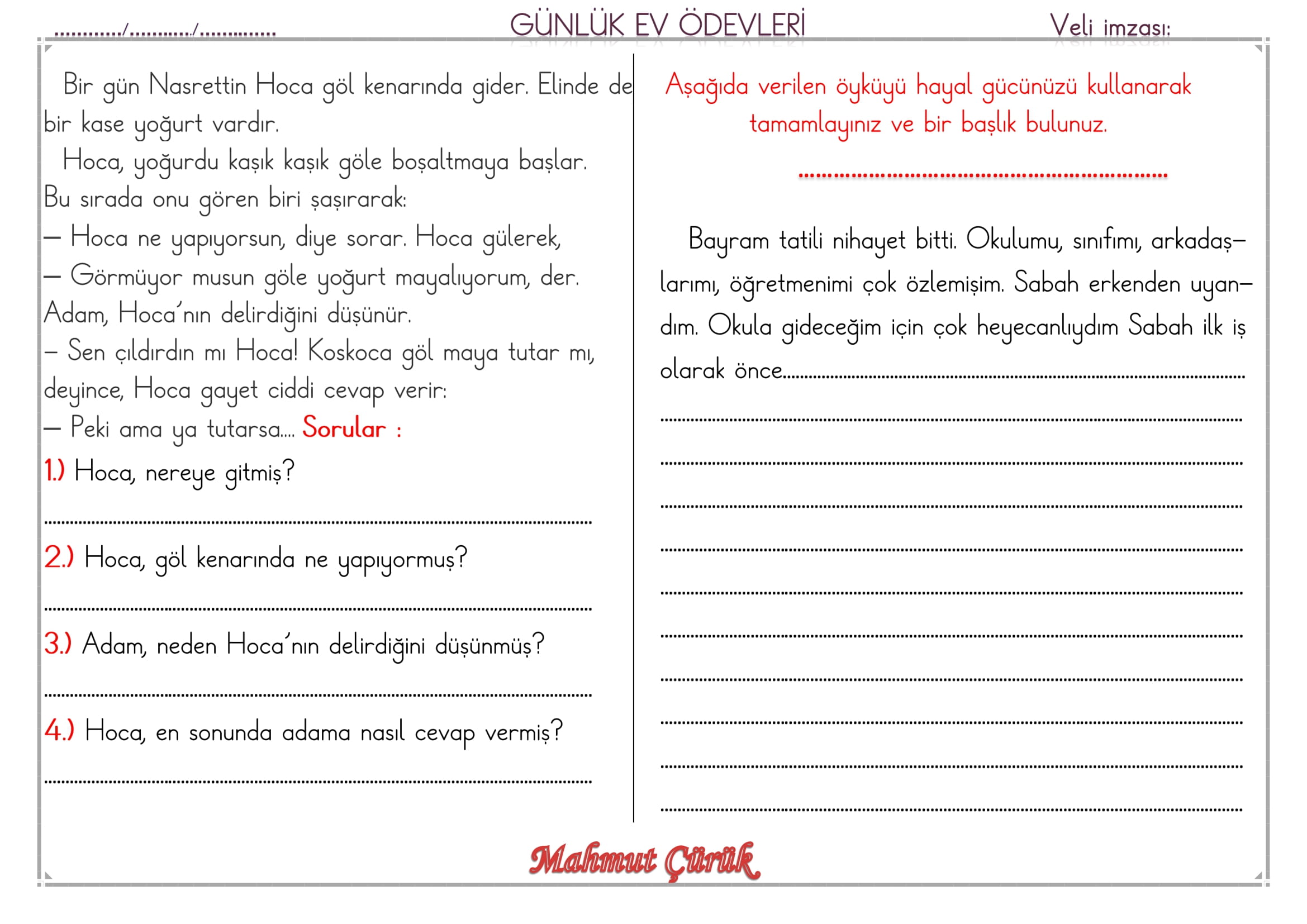 1. Sınıf 26 Mayıs 2025 Günlük Ev Ödevi
