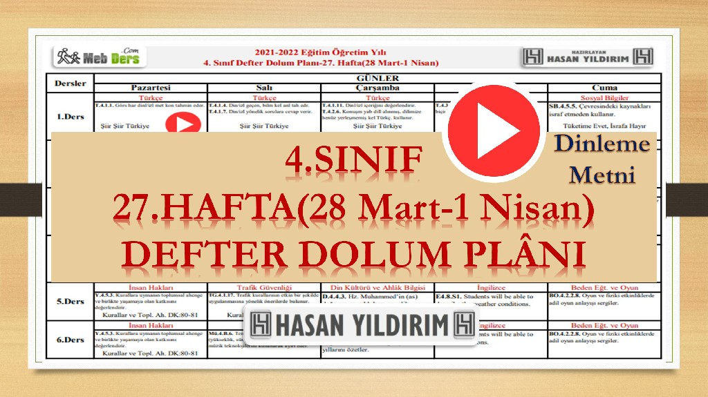 4. Sınıf 27.Hafta(28 Mart-1 Nisan) Defter Dolum Planı