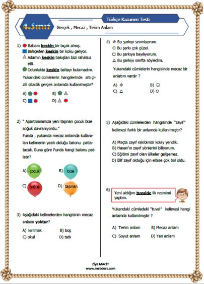 4. Sınıf Türkçe Gerçek , Mecaz ve Terim Anlam Kazanım Testi