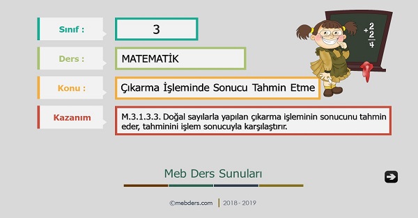 3. Sınıf Matematik Çıkarma İşleminde Sonucu Tahmin Etme Sunusu