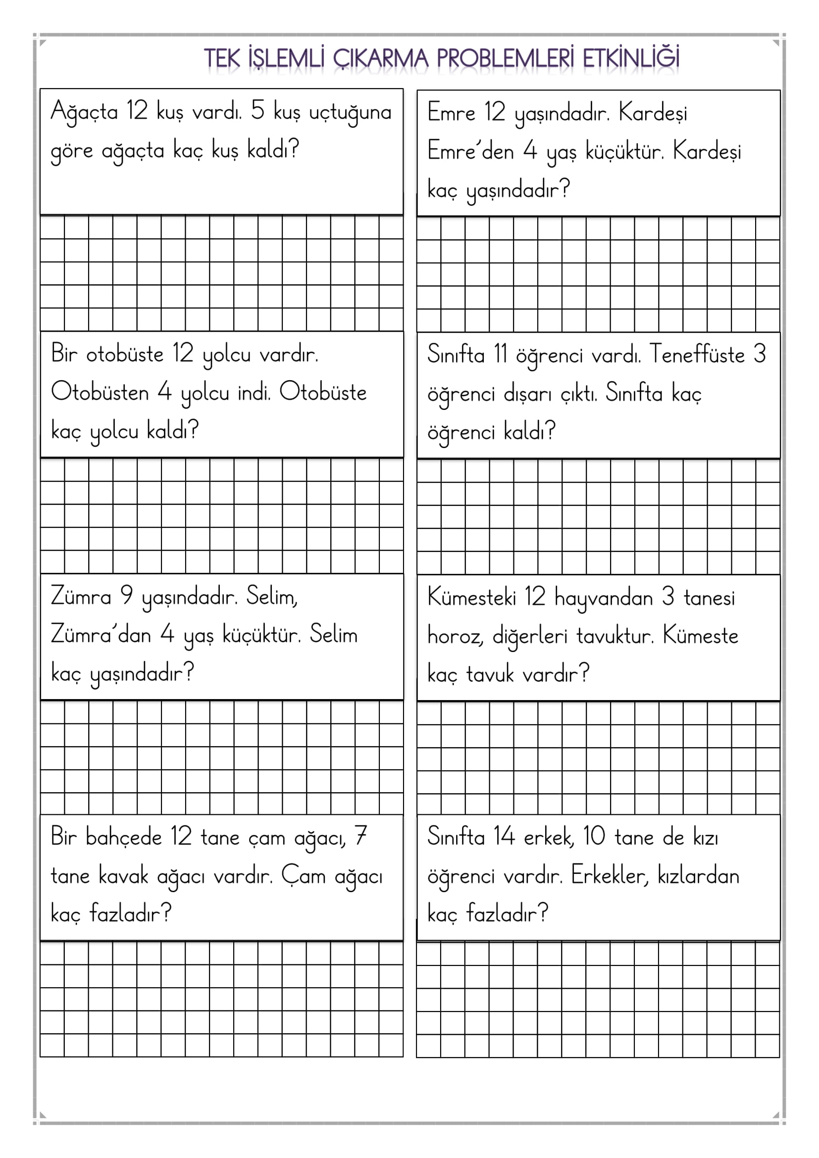 1. Sınıf Matematik Tek İşlemli Çıkarma Problemleri Etkinliği